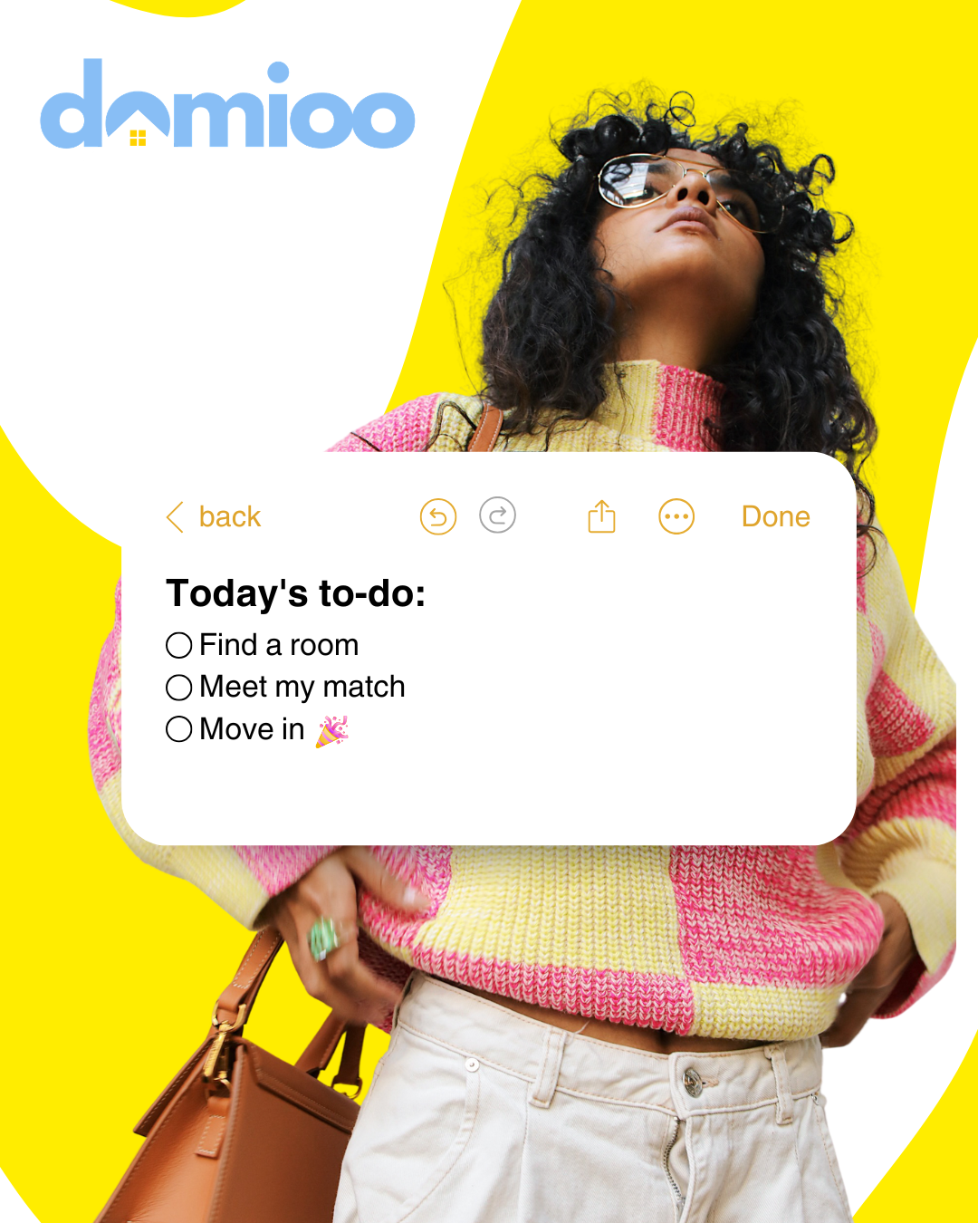 Domioo — your space your rules, woman in pink sweater with to-do card
